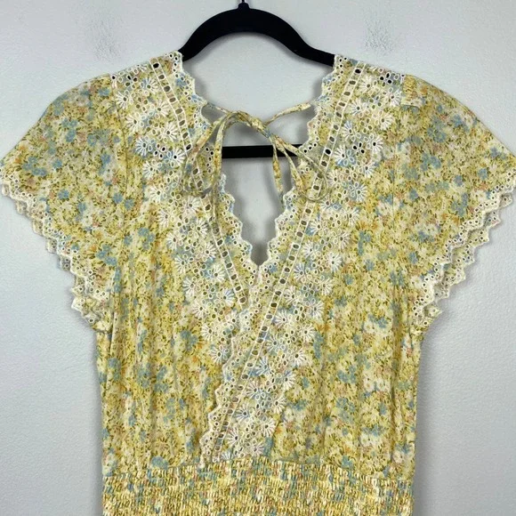 American Eagle Garden Party Faux Wrap Dress Yellow Floral Boho Summer Size Small - Picture 8 of 12
